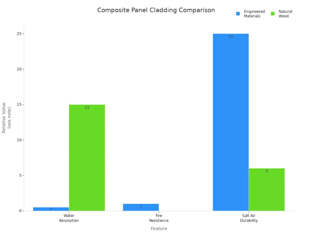 Bar chart comparing water absorption, fire resistance, and salt air durability for engineered materials and natural wood cladding.