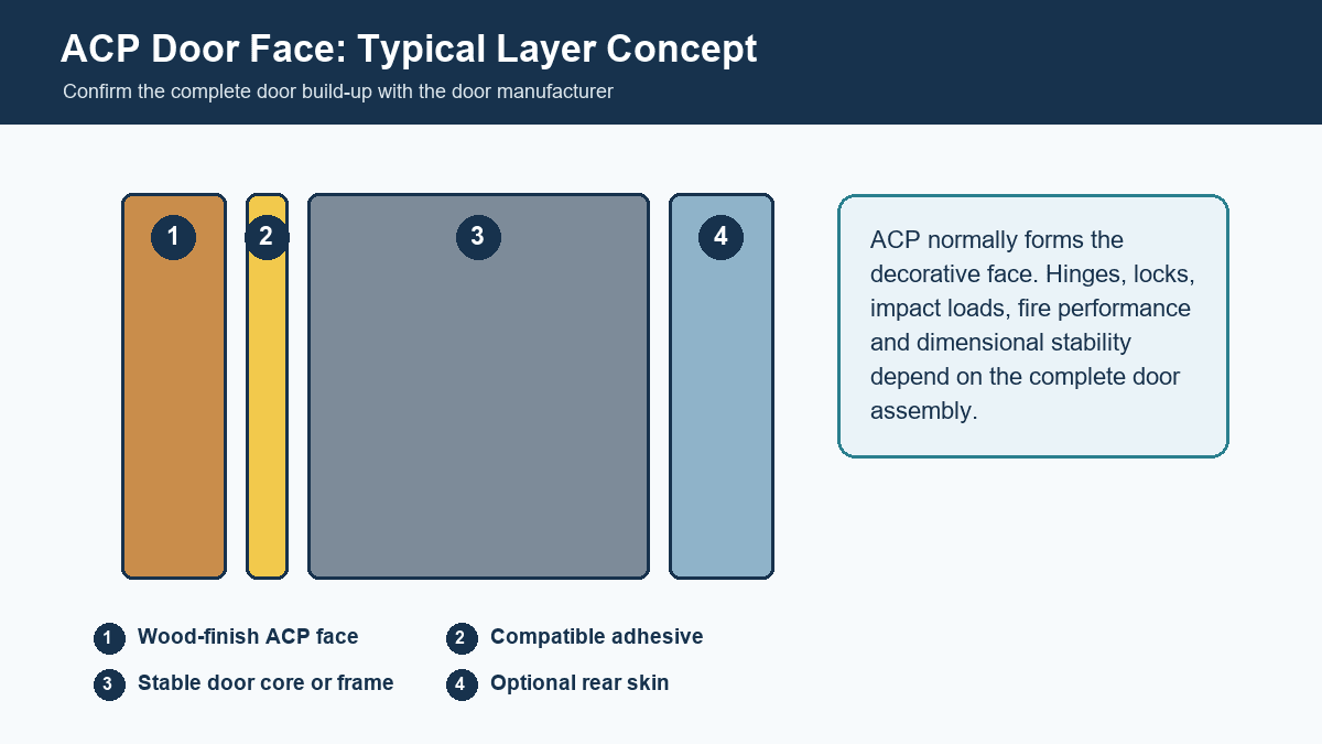 Concept diagram showing ACP face, adhesive, door core and optional rear skin