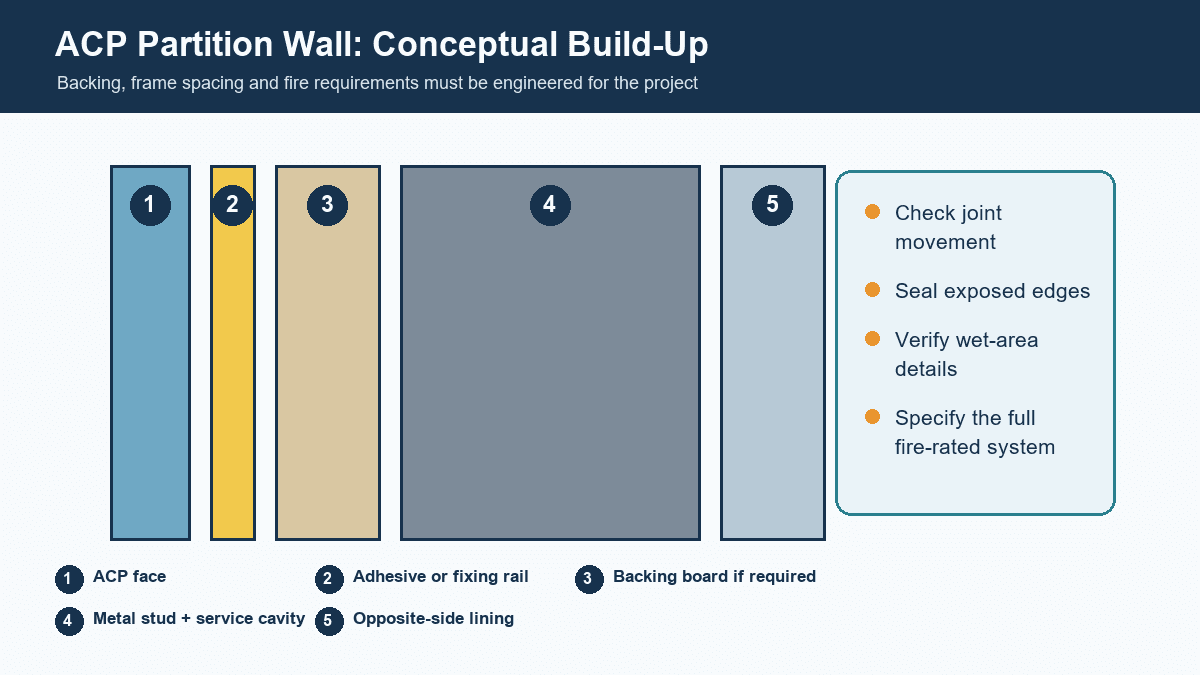 Conceptual ACP partition wall build-up with face panel, backing and metal stud cavity