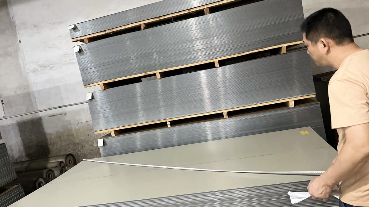 Inspector checking the surface of stacked ACP sheets
