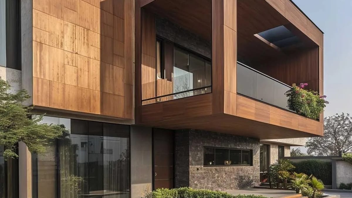 Wood-finish ACP exterior cladding application with panel joints