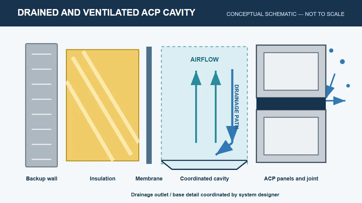 Esquema conceptual de una cavidad de panel compuesto de aluminio (ACP) drenada y ventilada, con vías de flujo de aire y agua.