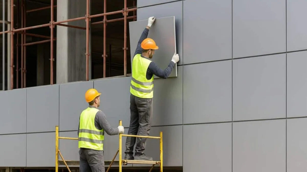 Arbeiter positionieren eine ACP-Fassadenplatte über einem verdeckten Trägersystem.