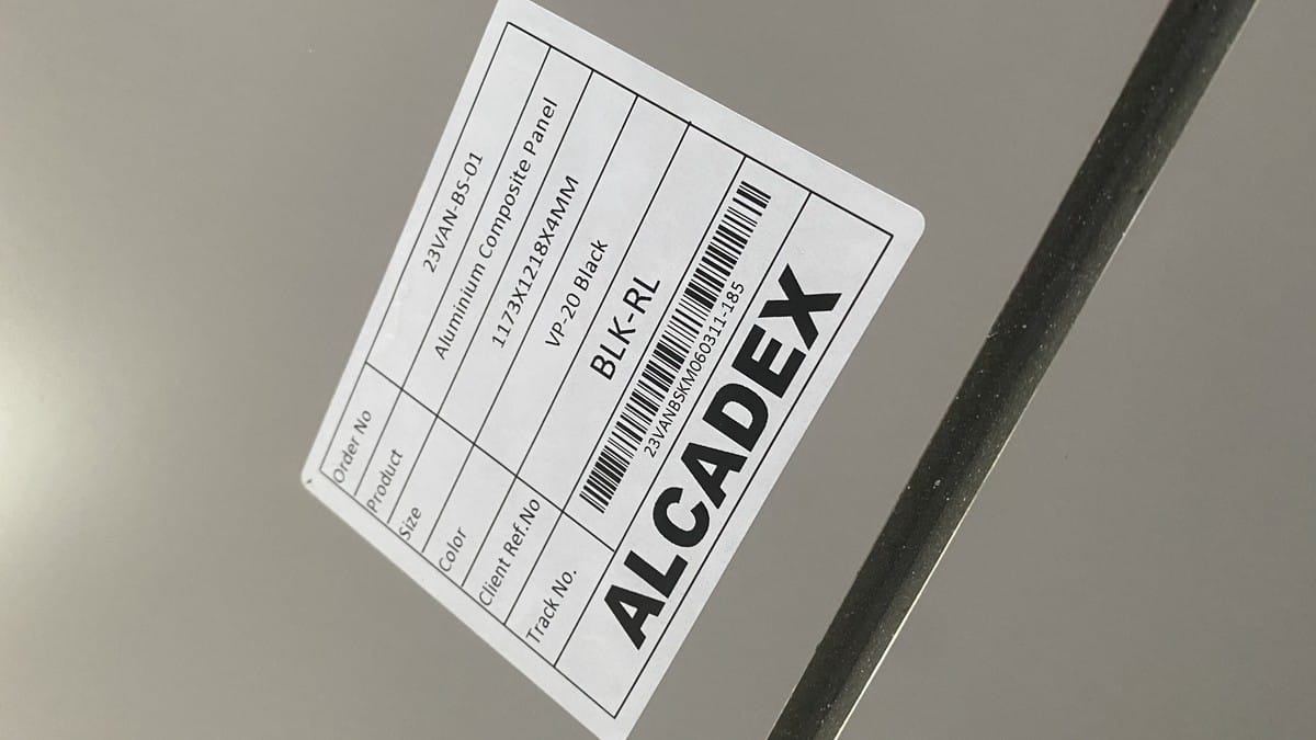 Alcadex ACP label showing product size color and tracking information
