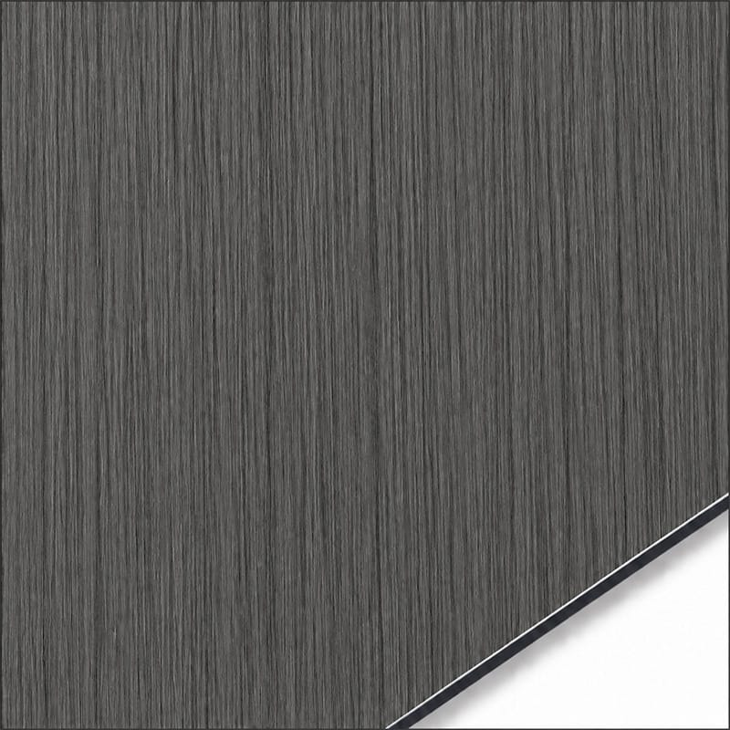 QSJ-0001 aluminium composite panel sample showing a dark charcoal wood-effect finish with vertical grain
