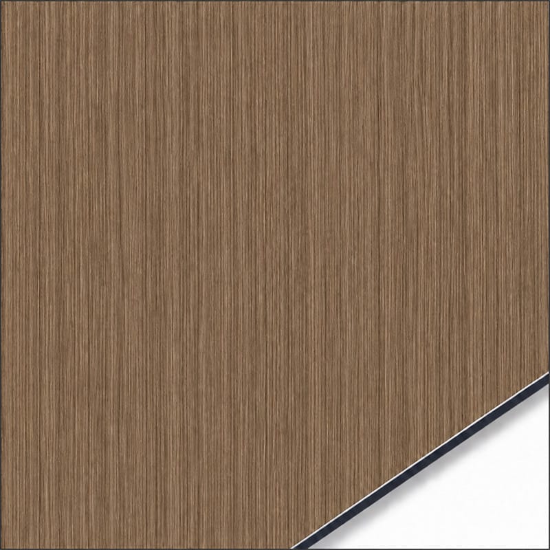 QSJ-0002 aluminium composite panel sample showing a warm brown wood-effect finish with fine vertical grain