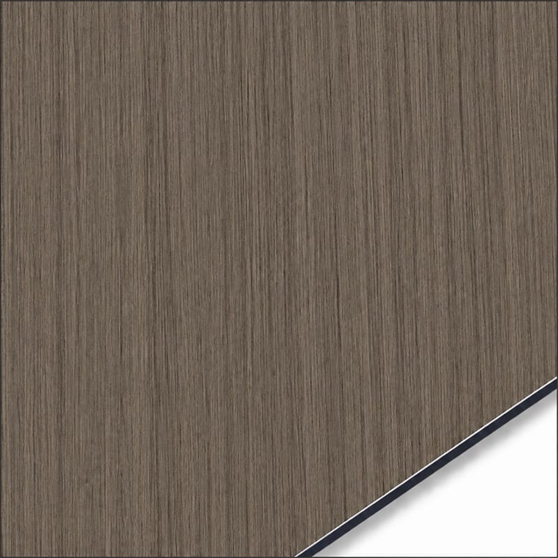 QSJ-0003 aluminium composite panel sample showing a brown walnut-effect finish with vertical grain