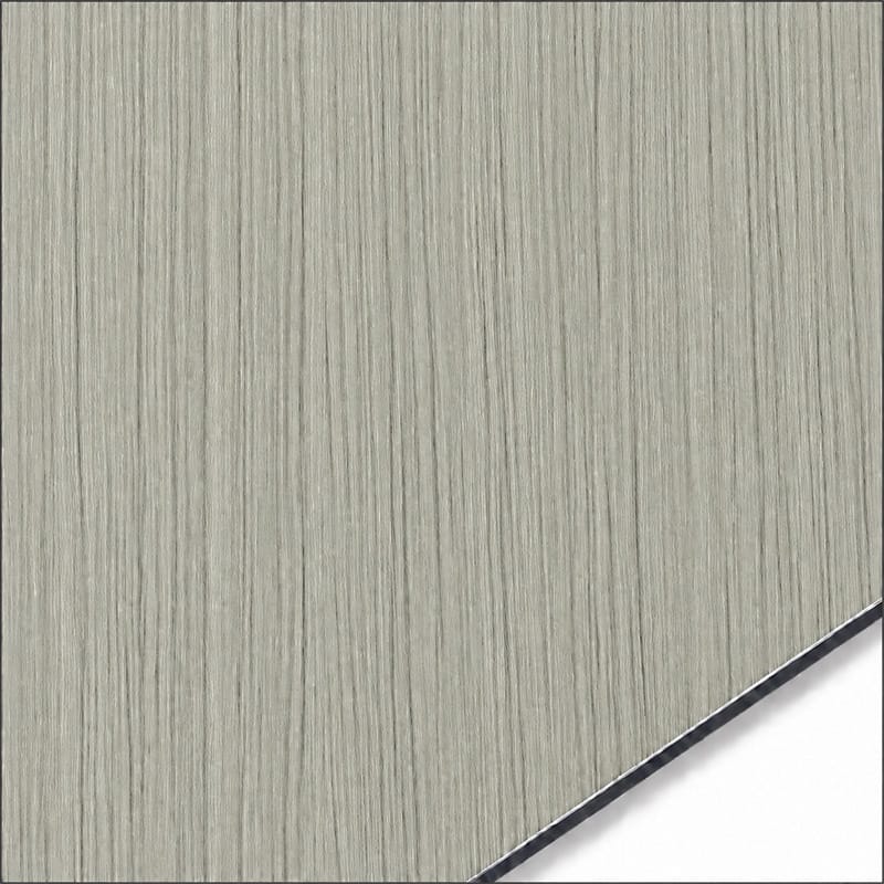 QSJ-0004 aluminium composite panel sample showing a silver grey wood-effect finish with vertical grain