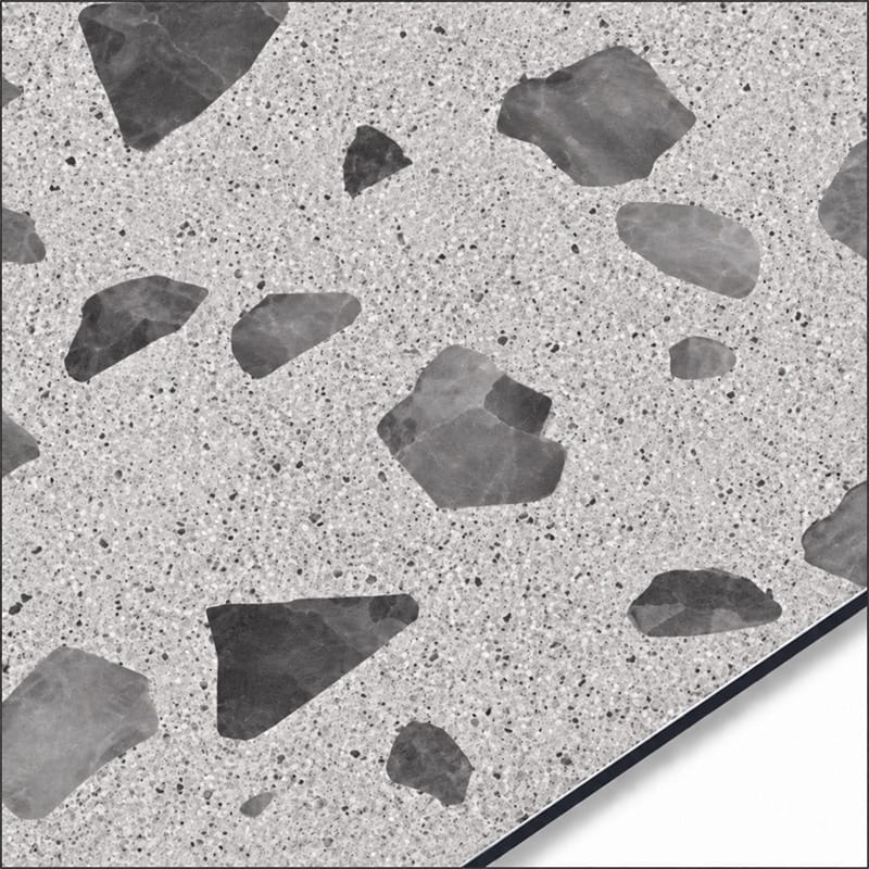 QSJ-0060 aluminium composite panel sample showing a light grey terrazzo-effect finish with darker stone-chip shapes