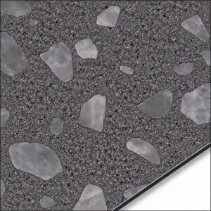 QSJ-0061 aluminium composite panel sample showing a dark grey terrazzo-effect finish with light stone-chip shapes