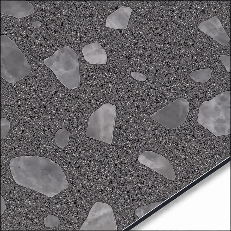 QSJ-0061 aluminium composite panel sample showing a dark grey terrazzo-effect finish with light stone-chip shapes
