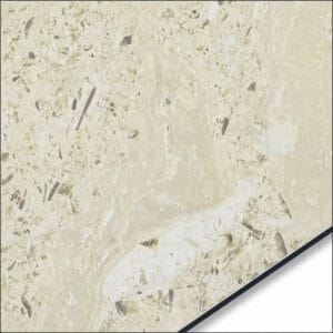 QSJ-0063 aluminium composite panel sample showing a cream and gold stone-effect finish with irregular mottling