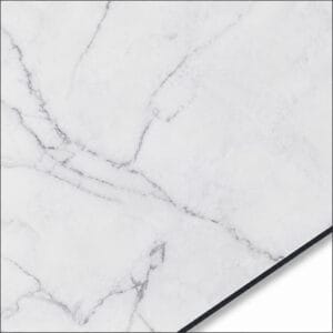 QSJ-0067 aluminium composite panel sample showing a white marble-effect finish with thin grey veins