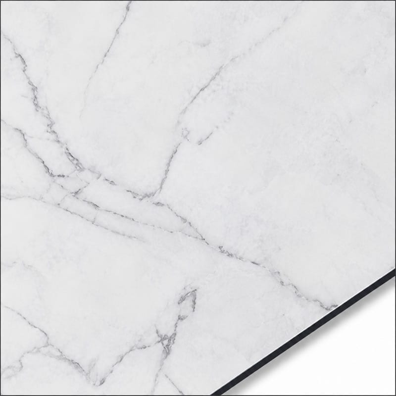 QSJ-0067 aluminium composite panel sample showing a white marble-effect finish with thin grey veins