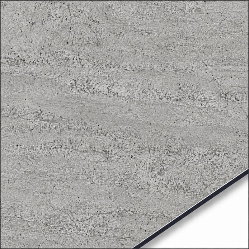 QSJ-0068 aluminium composite panel sample showing a light grey stone-effect surface with mottled horizontal bands