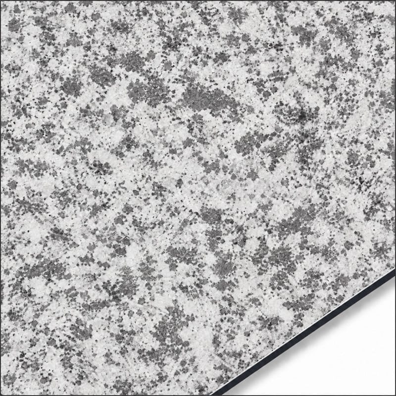 QSJ-0069 aluminium composite panel sample showing a white granite-effect finish with grey speckles
