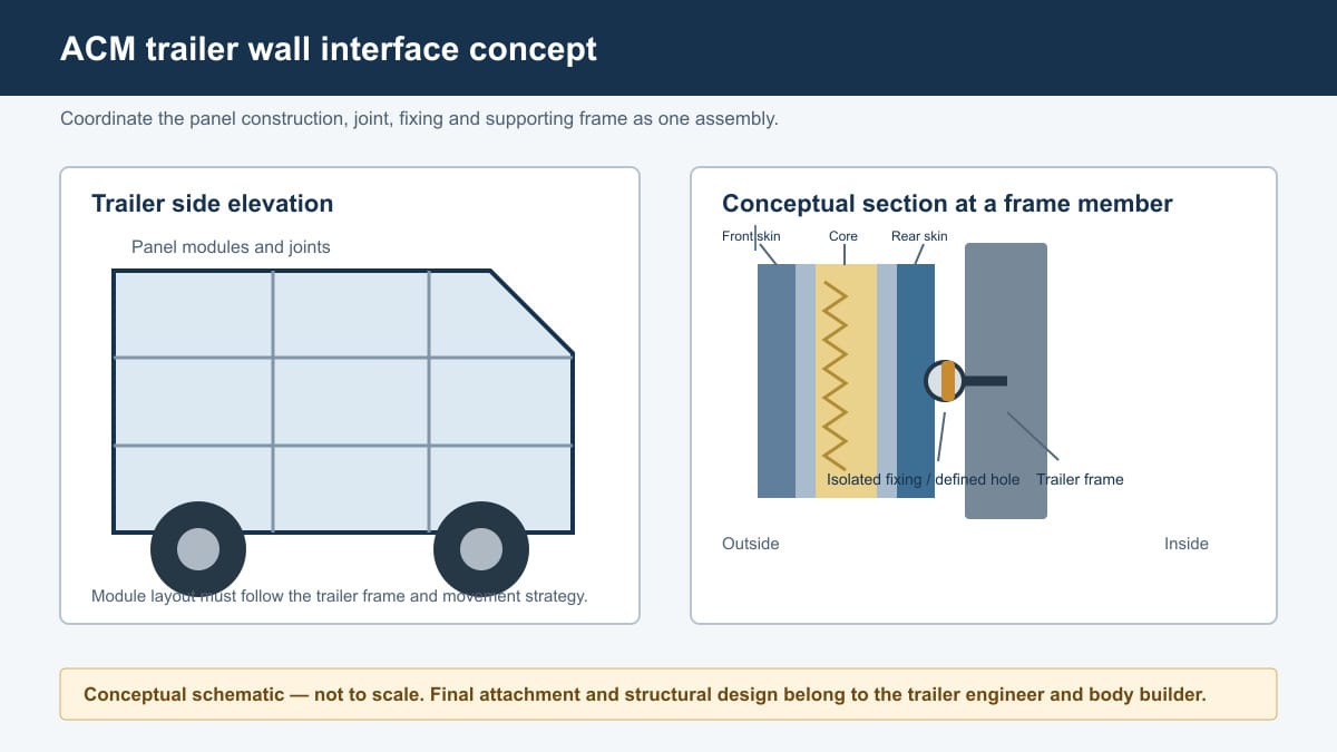 Conceptual ACM trailer wall panel interface showing skins core frame joint and fixing