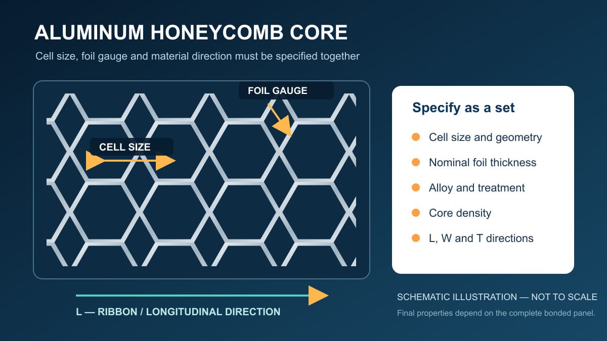 Conceptual aluminum honeycomb core showing cell size foil gauge and ribbon direction